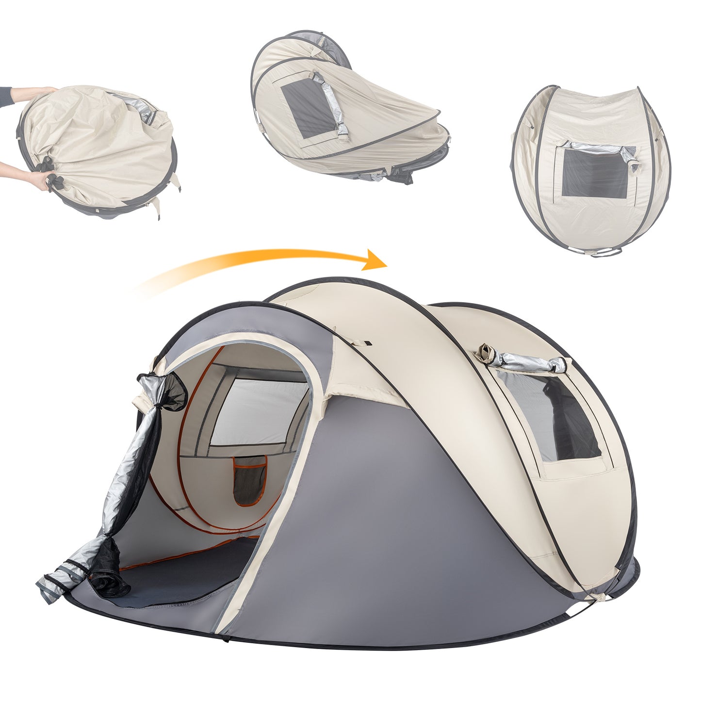 Khaki Boat Type Quick Opening Camping Tent Fiber Pole Polyester Cloth