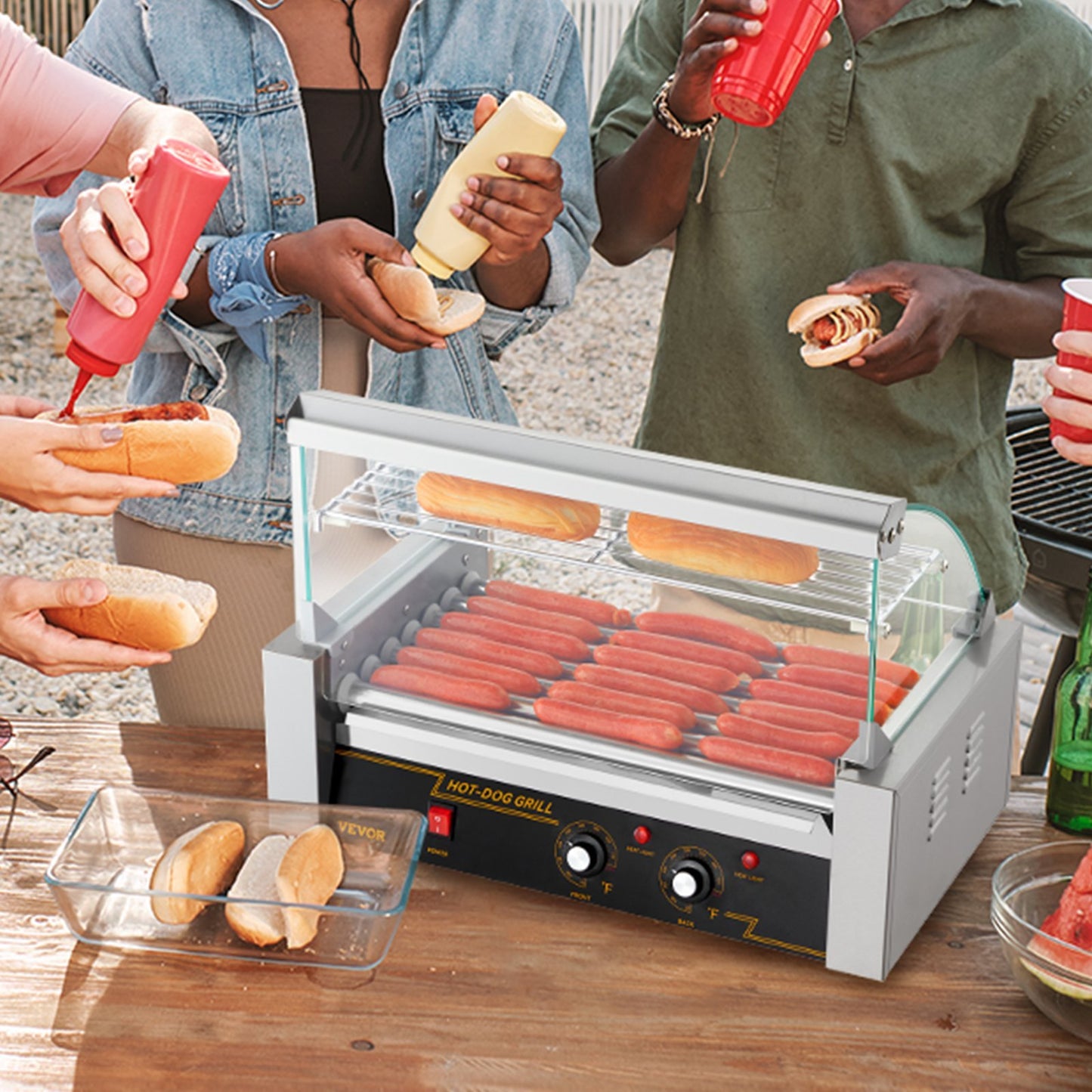 Hot Dog Roller 7 Rollers 18 Hot Dogs Capacity 1050W Stainless Sausage Grill Cooker Machine With Dual Temp Control Glass Hood Acrylic Cover Bun Warmer Shelf Removable Oil Drip Tray, ETL Certified