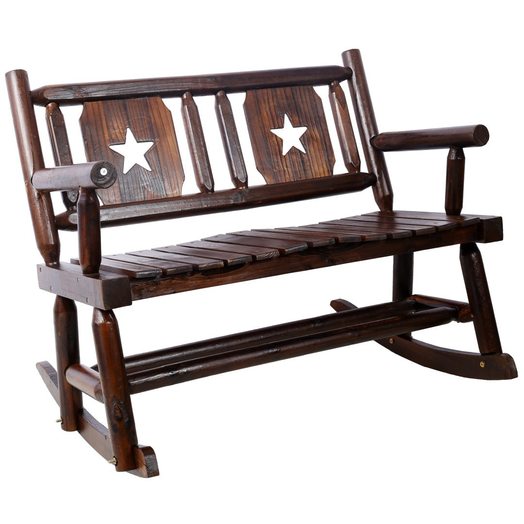 Outdoor Solid Wood Rocking Chair Bench Carbonized Double Rocking Chair For 2 People With Wide Curved Seat For Porch, Garden, Backyard, Rustic Brown