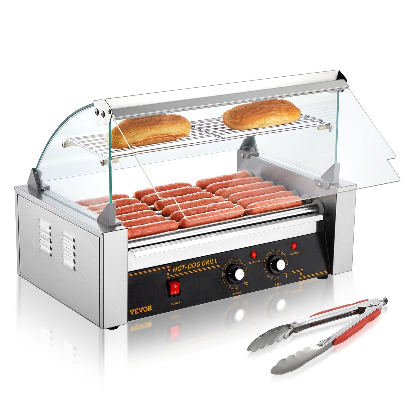 Hot Dog Roller 7 Rollers 18 Hot Dogs Capacity 1050W Stainless Sausage Grill Cooker Machine With Dual Temp Control Glass Hood Acrylic Cover Bun Warmer Shelf Removable Oil Drip Tray, ETL Certified