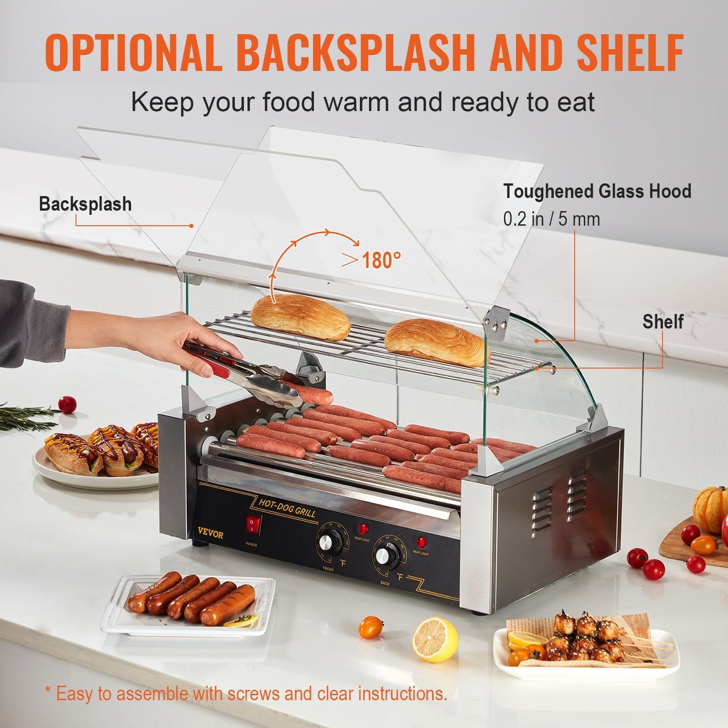 Hot Dog Roller 7 Rollers 18 Hot Dogs Capacity 1050W Stainless Sausage Grill Cooker Machine With Dual Temp Control Glass Hood Acrylic Cover Bun Warmer Shelf Removable Oil Drip Tray, ETL Certified
