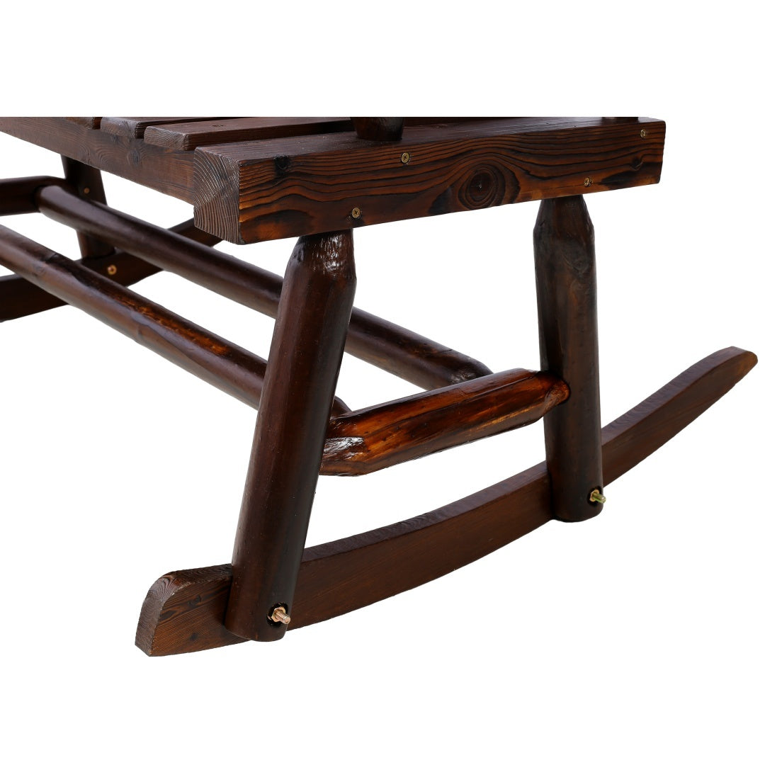 Outdoor Solid Wood Rocking Chair Bench Carbonized Double Rocking Chair For 2 People With Wide Curved Seat For Porch, Garden, Backyard, Rustic Brown