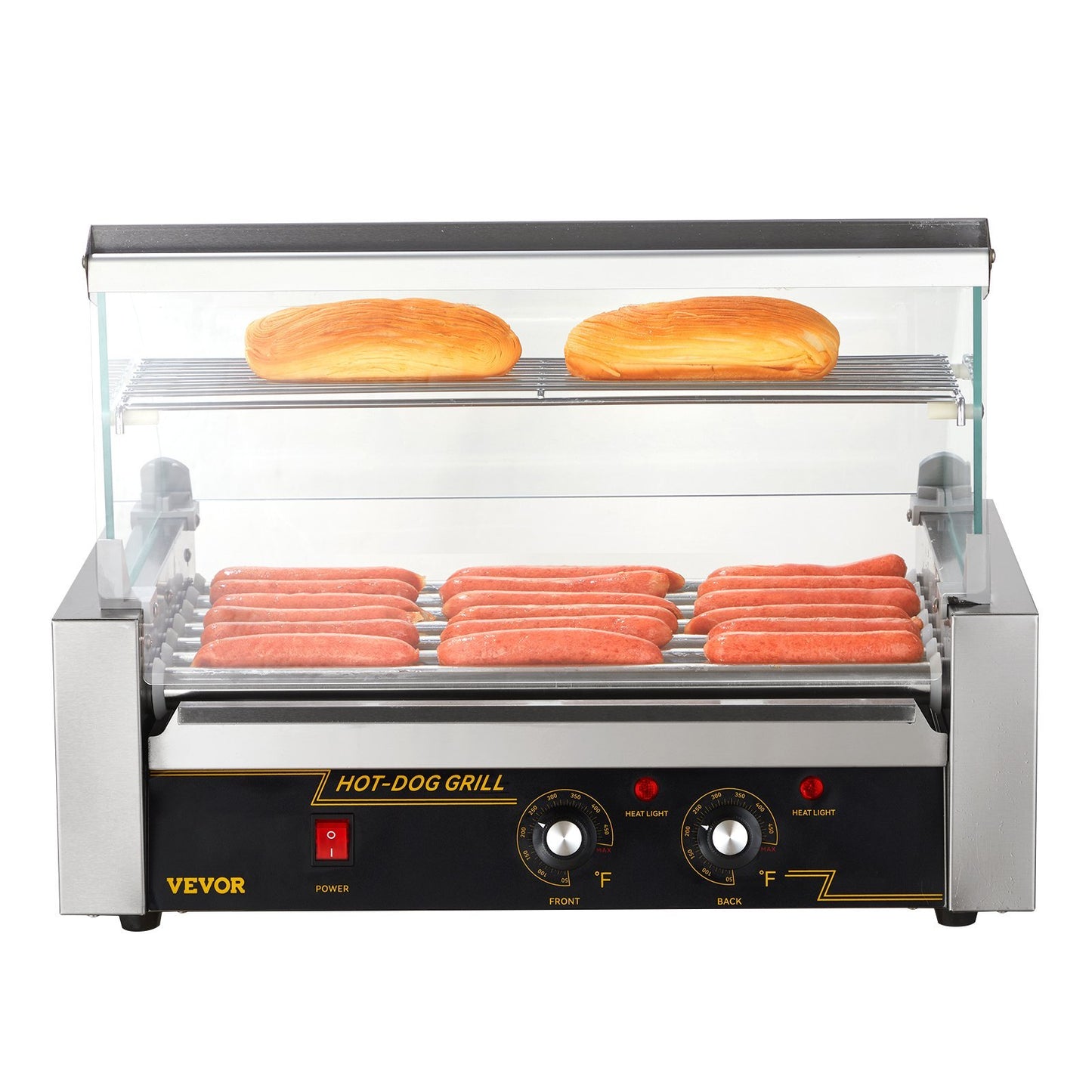 Hot Dog Roller 7 Rollers 18 Hot Dogs Capacity 1050W Stainless Sausage Grill Cooker Machine With Dual Temp Control Glass Hood Acrylic Cover Bun Warmer Shelf Removable Oil Drip Tray, ETL Certified