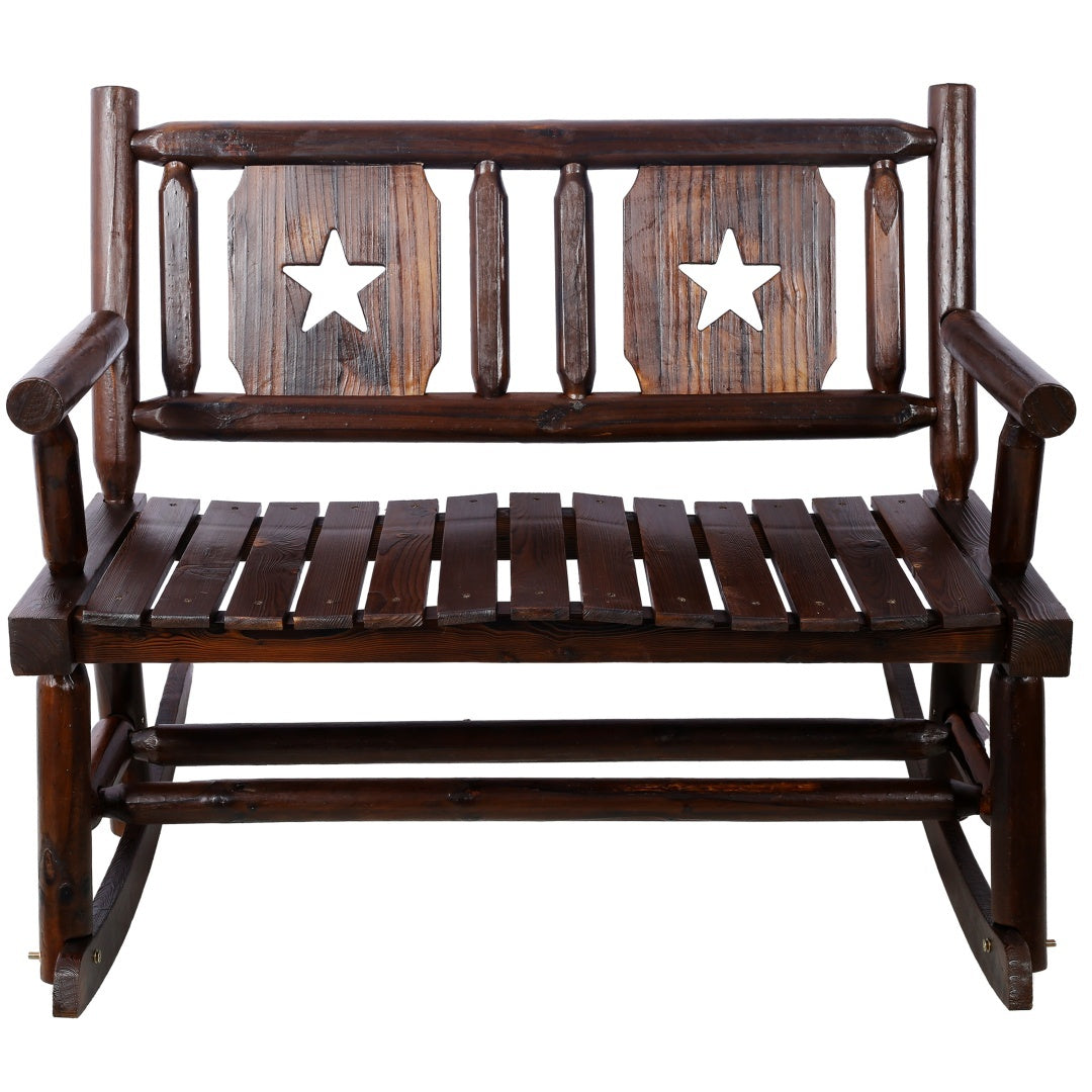 Outdoor Solid Wood Rocking Chair Bench Carbonized Double Rocking Chair For 2 People With Wide Curved Seat For Porch, Garden, Backyard, Rustic Brown