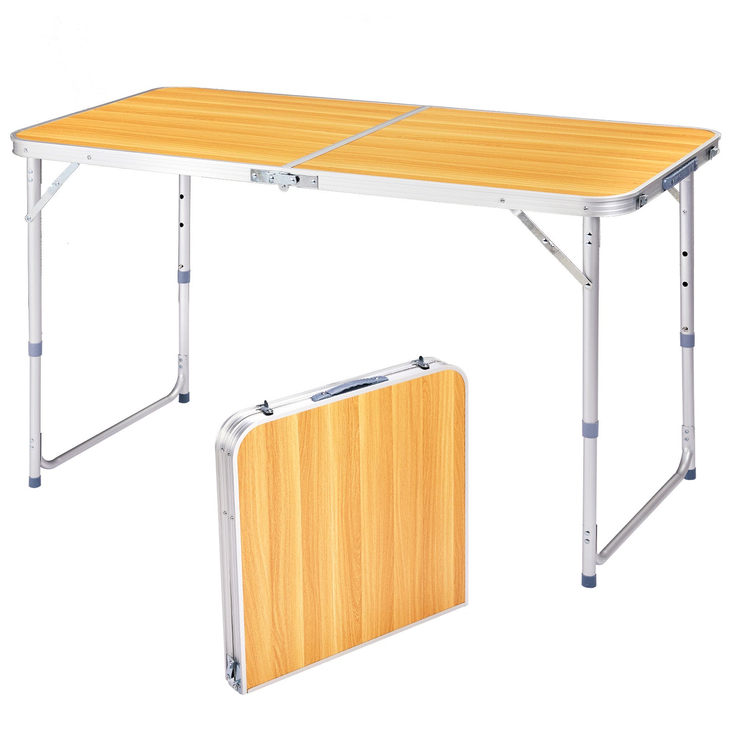 4ft Wood Grain Outdoor Folding Table Aluminum Alloy Rectangular 50kg Two Fold Tabletop