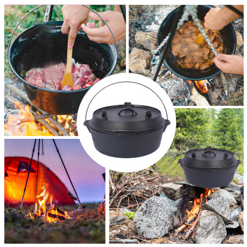 Pre-Seasoned Cast Iron Dutch Oven With Skillet Lid, Outdoor Camping Deep Pot For Camping Fireplace Cooking BBQ Baking Campfire, With Iron Pot Rack, 6 Quart