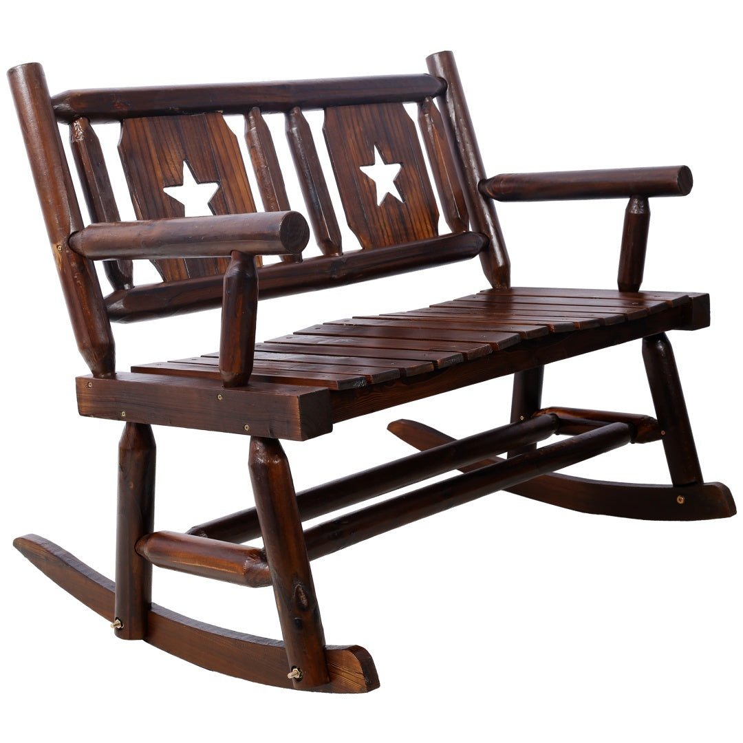 Outdoor Solid Wood Rocking Chair Bench Carbonized Double Rocking Chair For 2 People With Wide Curved Seat For Porch, Garden, Backyard, Rustic Brown