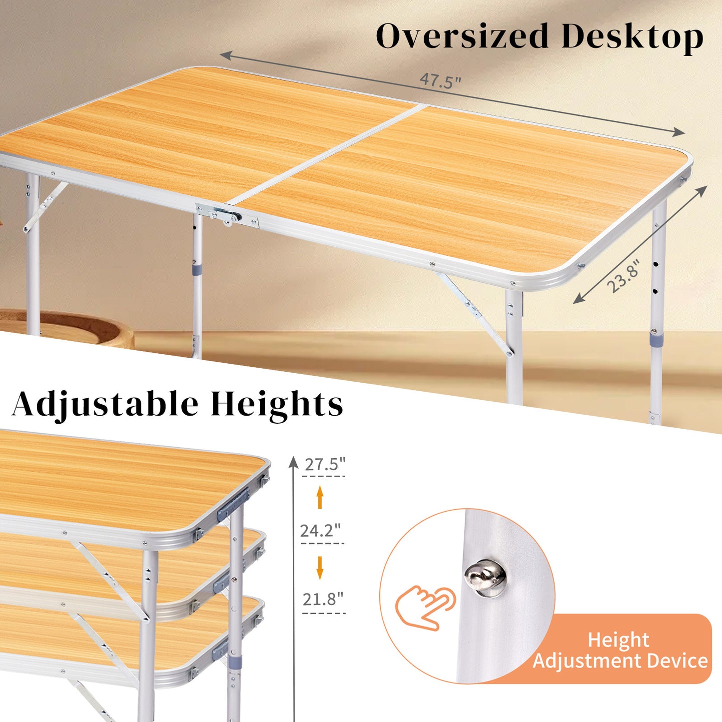 4ft Wood Grain Outdoor Folding Table Aluminum Alloy Rectangular 50kg Two Fold Tabletop