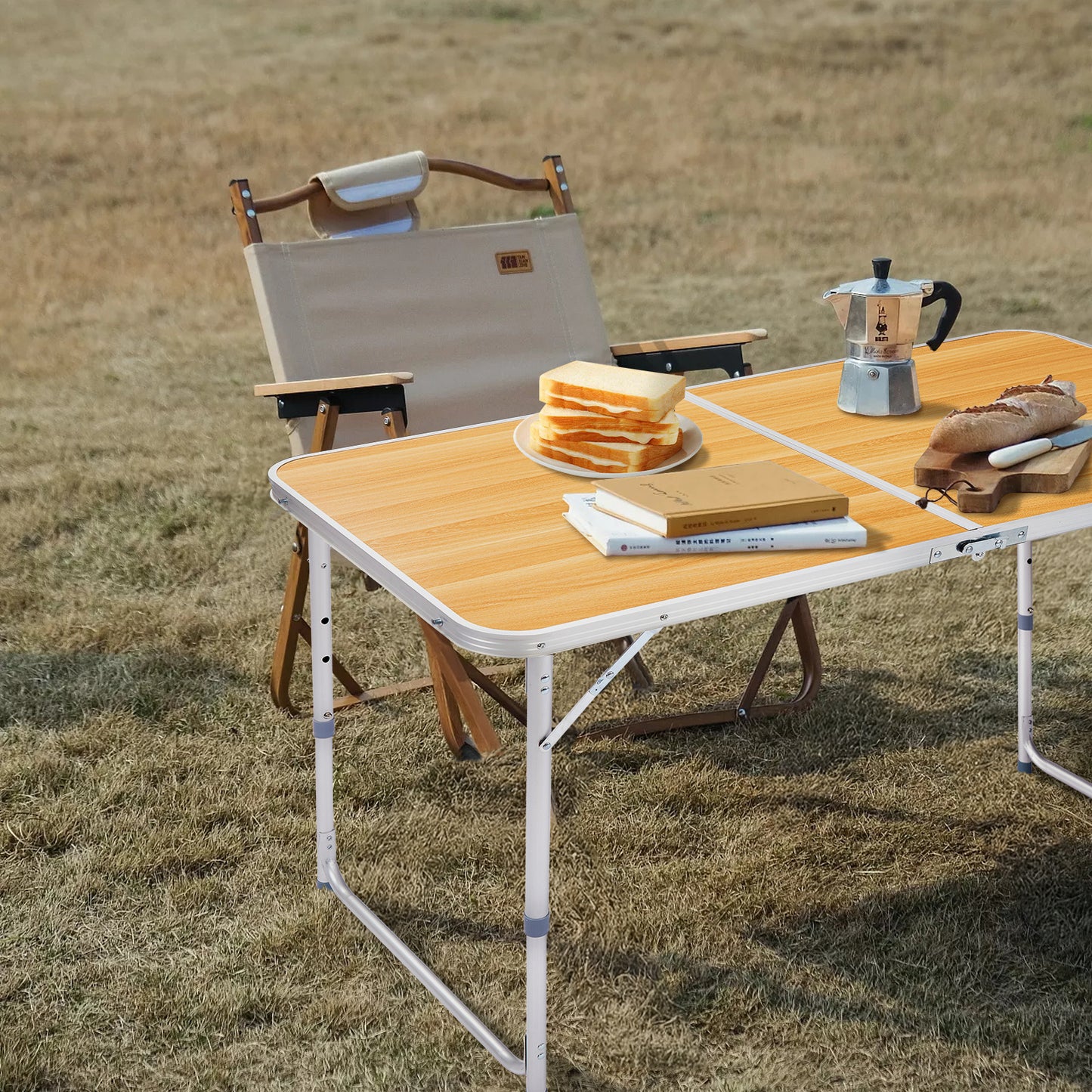 4ft Wood Grain Outdoor Folding Table Aluminum Alloy Rectangular 50kg Two Fold Tabletop