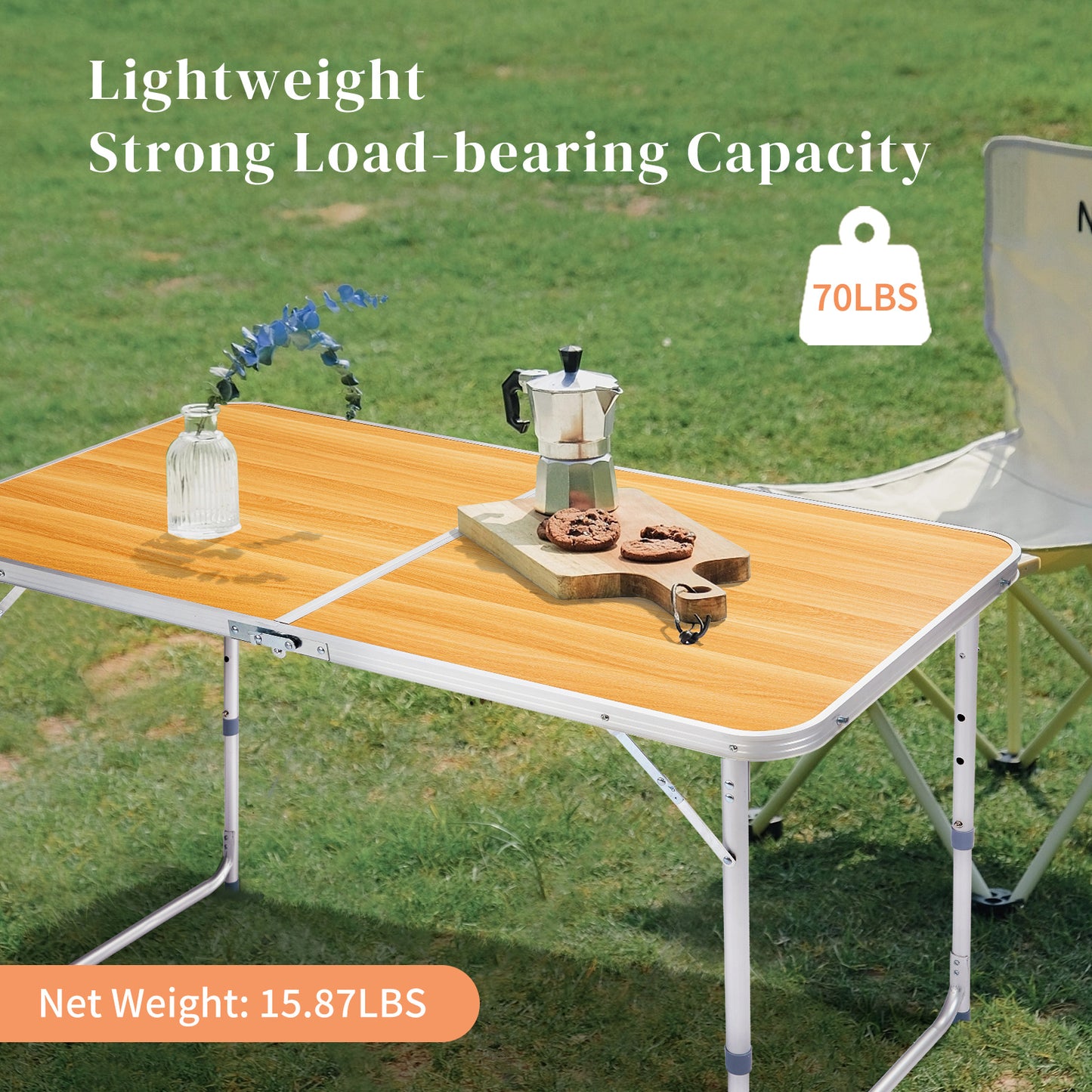 4ft Wood Grain Outdoor Folding Table Aluminum Alloy Rectangular 50kg Two Fold Tabletop